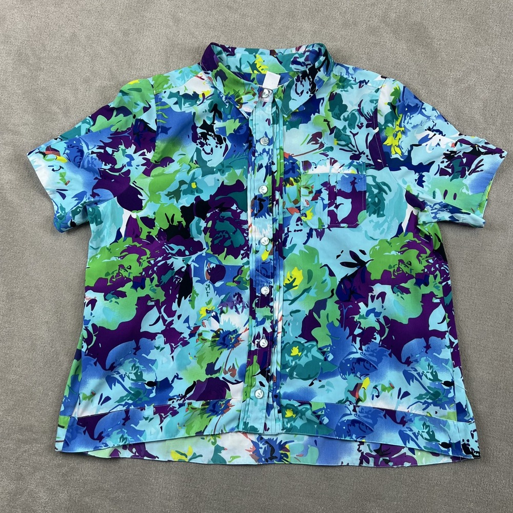 Roaman's Floral Button Down Blouse Women 16W Blue Green Abstract Short Sleeve
